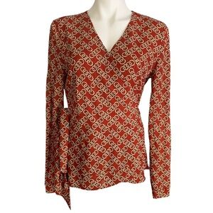 Cabi 3951 Ringleader Signet Print Wrap Top Stretch Long Sleeve Sz M